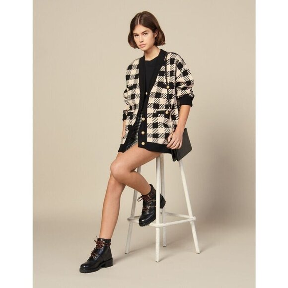 💕SANDRO💕 Jisou Oversized Checked Knitted Cardigan ~ Beige - Picture 1 of 16